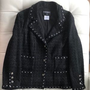 Chanel Tweed Jacket Size 48 Black w/ Silver Thread